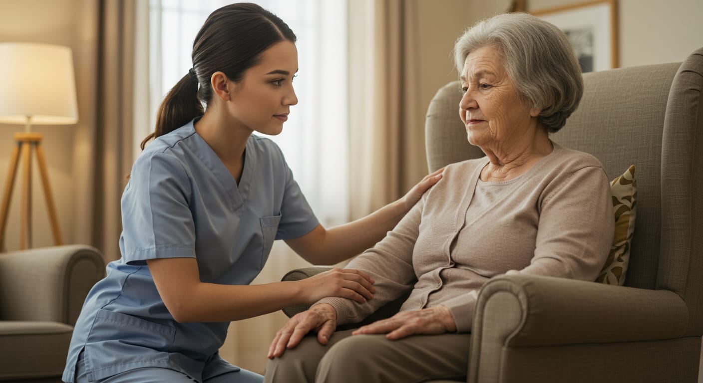 A carer soothing an elderly lady sitting in a chair