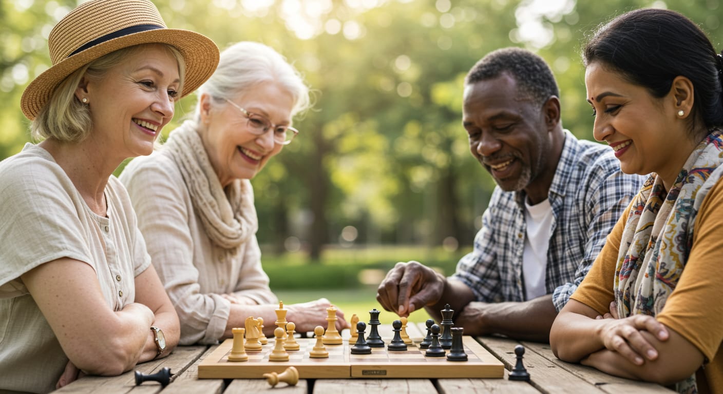 elderly people playing chess