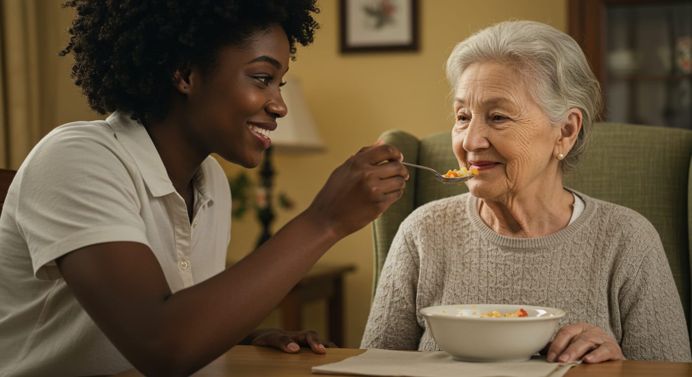 feeding an elderly lady